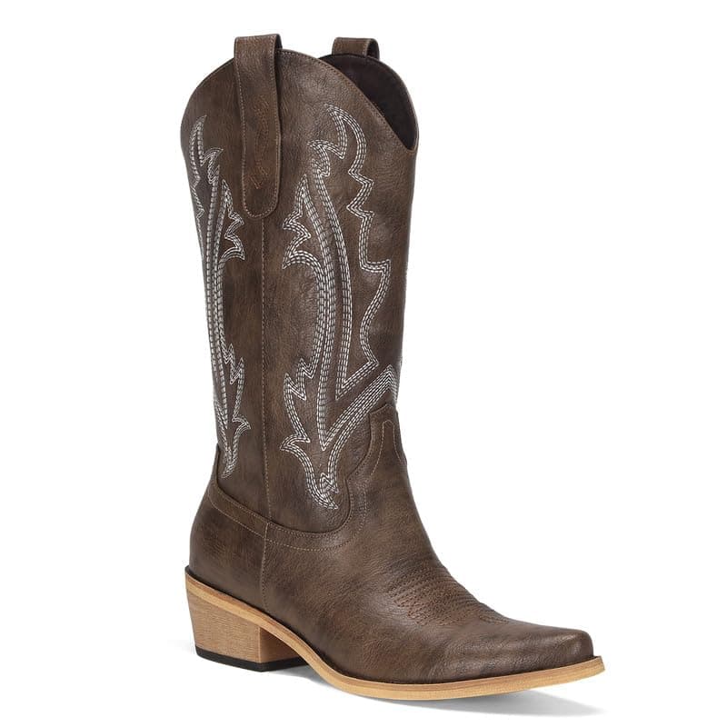 RURUNA Women's Black Mid-Calf Square Toe Cowboy Boots