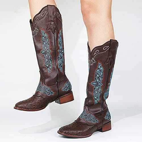 Cowboy Boots for Women: Low Chunky Heel Embroidered Mid Calf Boots