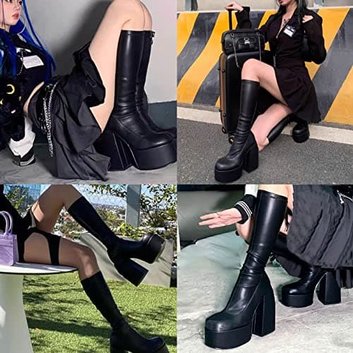 VOMIRA Women's Chunky Heel Square Toe Side Zipper Stretch Pu Leather GoGo Boots