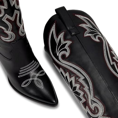 ISNOM Women's Cowboy Knee High Embroidered Pointed Toe Boots