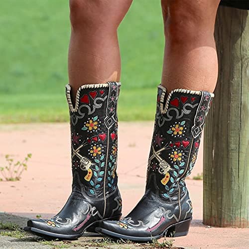 Erocalli Women's Western Mid Heel Embroidered Claf Boot