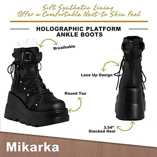 Refined and simplified title: Holographic Lace-Up Ankle Boots with Studded Buckle Detail for Women