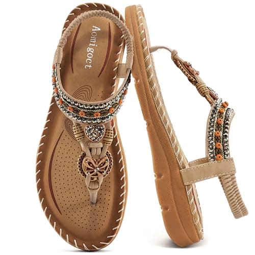 Aomigoct Women's Summer Bohemian Flat Sandals Comfortable Ankle Strap