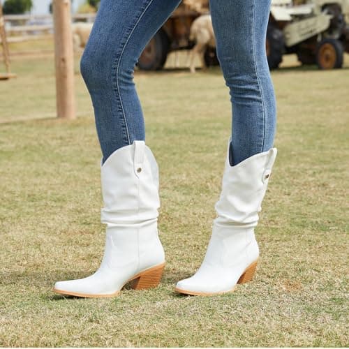 MISSMILLER Women's Embroidered Cowboy Boots with Chunky Heel Mid Calf