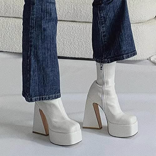 Woman Mid Calf Square Toe Chunky Heel Zipper Booties