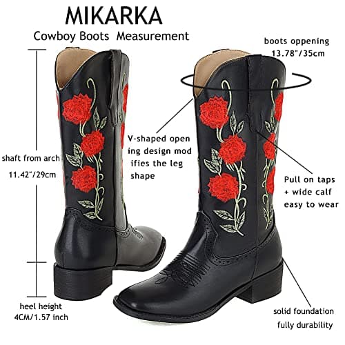 Mikarka Women's Embroidered Mid-Calf Cowboy Boots with Square Toe and Pull-Up Tabs