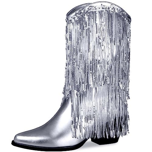 BIUBAKUA Women's Metallic Cowboy Boots with Tassels
