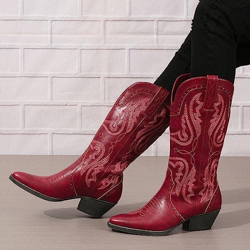 SelRoys Women's Cowboy Mid Calf Western Boots Brown Red Black