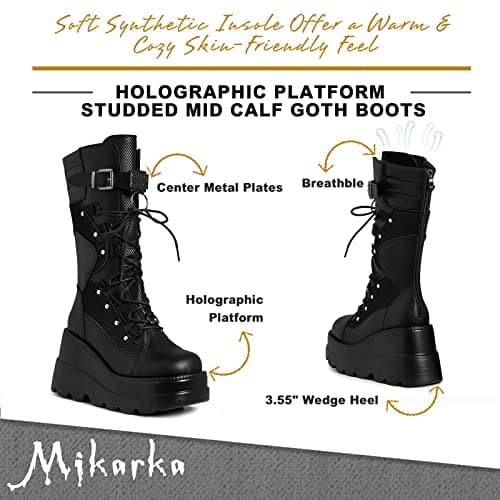 Mikarka Womens Holographic Combat Boot Wedge Heel Knee High Studded