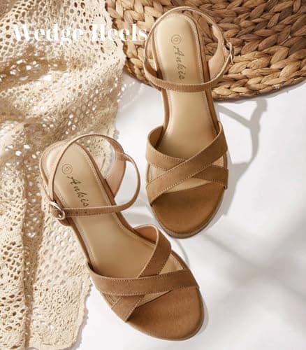 Ankis Espadrille Women's Wedge Sandals, Comfortable Open Toe Heel for Summer Dressy High Heel Ankle Strap -3.4 Inch