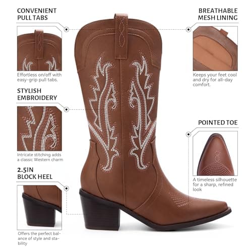 Solestique Women's Cowboy Boots: Embroidered Mid-Calf Heeled Cowgirl Style