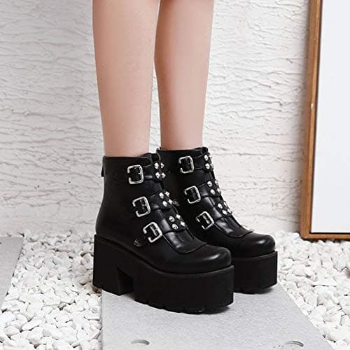 YIYA Women's Black Gothic Platform Ankle Boots with Bat Wing Buckles