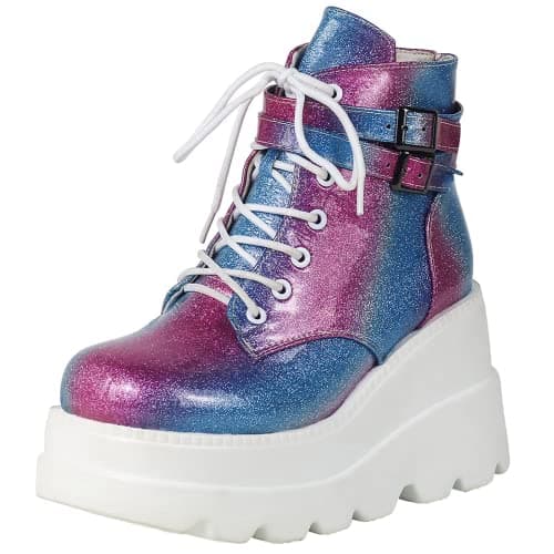 UOQAPRE Women's High Heel Combat Boots Square Toe Lace-Up Ankle Booties