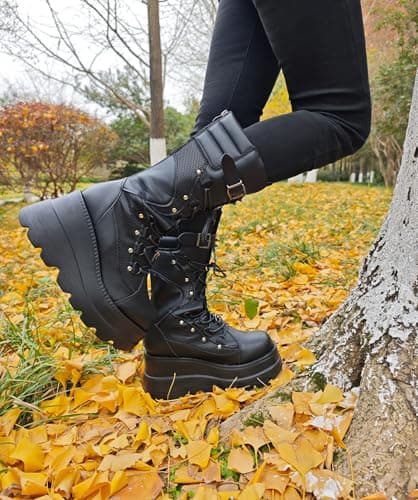 Gothniero Women's Black Knee High Platform Boots Size 5.5-11