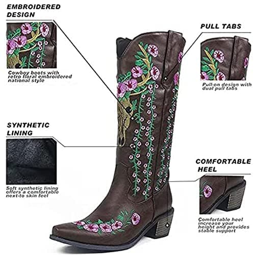 Mikarka Women's Retro Floral Embroidered Western Cowboy Mid-Calf Boots