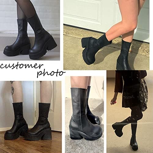 AMINUGAL Women's Chunky Wedge Heel Ankle Boots with Zipper - Fashionable Mid Calf Combat Booties