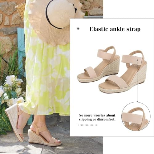 Putu Women's Square Toe Espadrille Platform Wedges with Elastic Ankle Strap