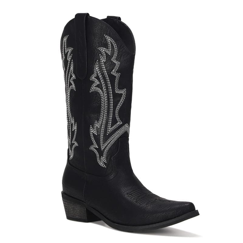 RURUNA Women's Black Mid-Calf Square Toe Cowboy Boots