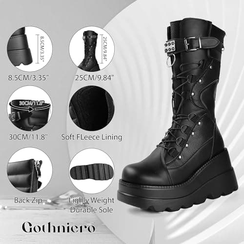 Gothniero Women's Black Knee High Platform Boots Size 5.5-11