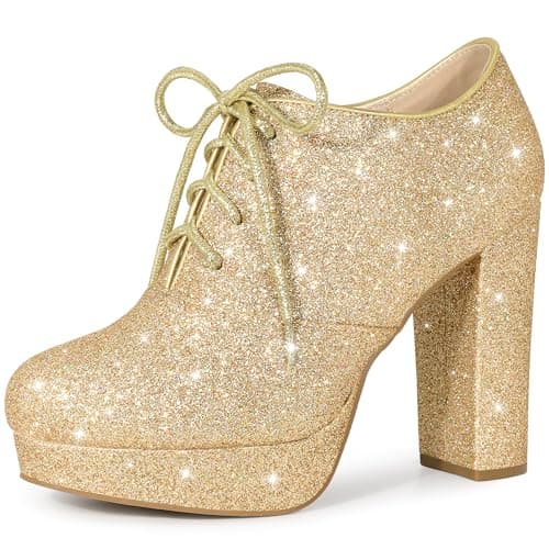 Perphy Glitter Chunky Heel Lace-Up Booties for Women