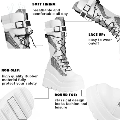Tscoyuki Womens Goth Platform Boots Chunky Wedge Heel Rave Combat Boots Lace Up and Zipper Round Toe Mid Calf Boot for Concert Festival Style Trends