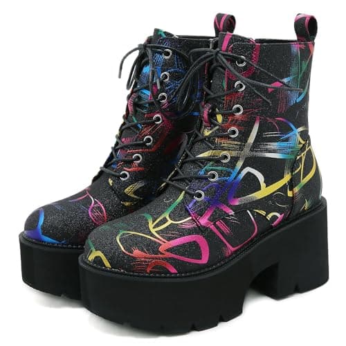 LIXGVHRO Women's Black Sparkly Glitter Gothic Platform Boots Multicolour