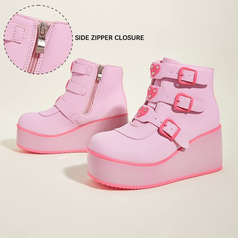 LUCKY STEP Women's Chunky Platform Ankle Boots - Round Toe Zipper Heels