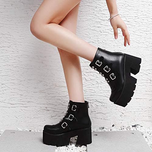 YIYA Women's Black Gothic Platform Ankle Boots with Bat Wing Buckles