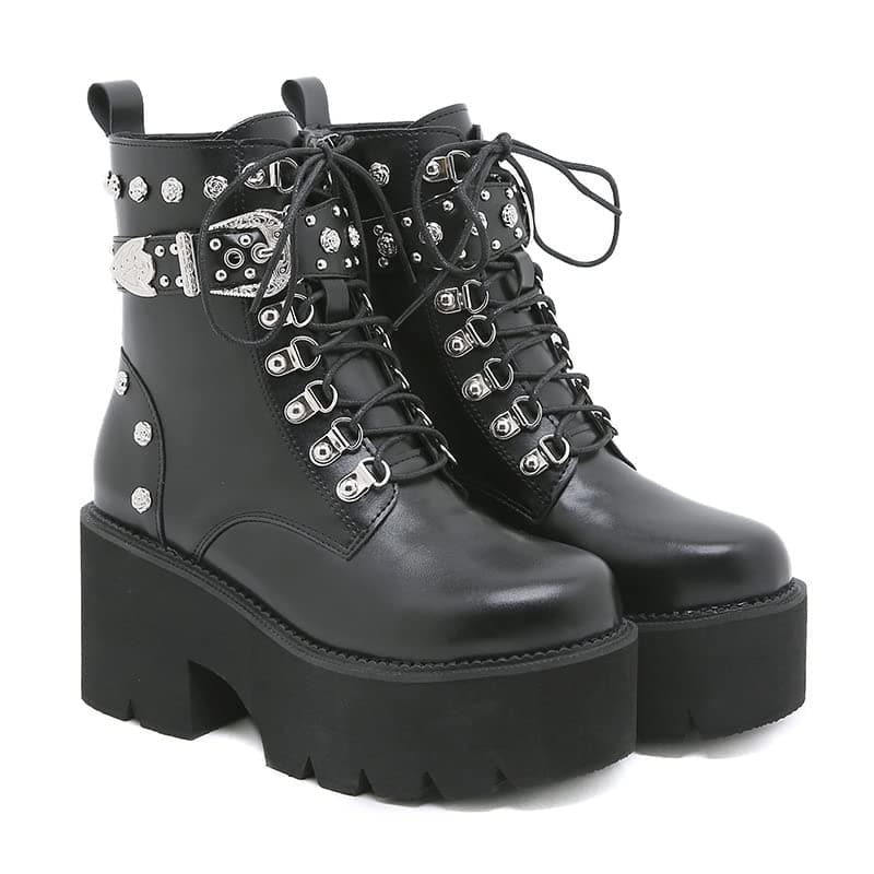 Women's Black Lace up Goth Platform Boots for Cosplay Fashion Punk Style.