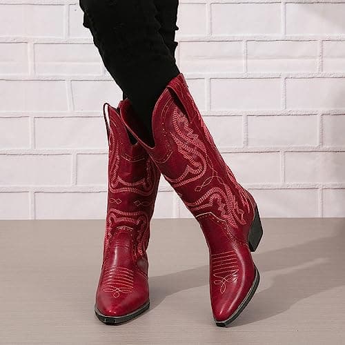 SelRoys Women's Cowboy Mid Calf Western Boots Brown Red Black