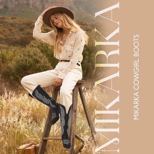 Mikarka Women's Cowboy Boots - Knee-High Western Boots with Zipper and Embroidery