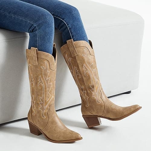 Athlefit Western Cowgirl Embroidered Mid Calf Boots