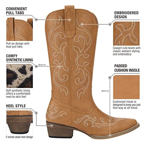 HISEA Chunky Heel Cowgirl Boots for Women Mid-Calf Style