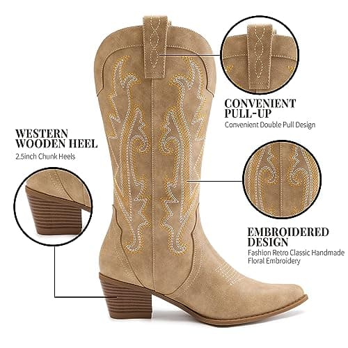 Athlefit Western Cowgirl Embroidered Mid Calf Boots