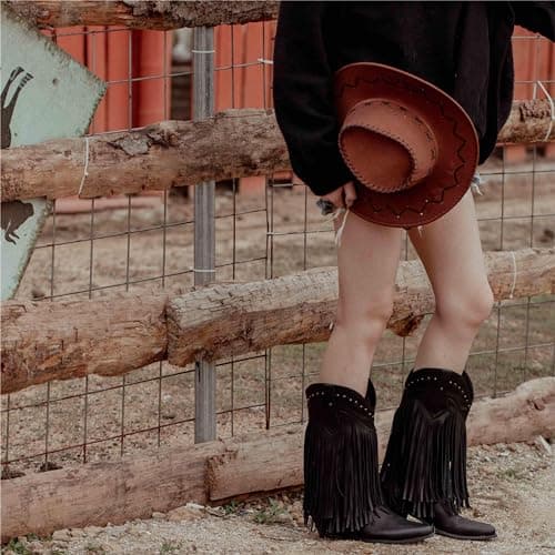 SheSole Black Women's Fringe Western Riding Boots Wide Calf Cowgirl