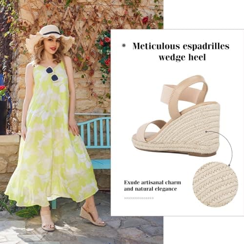Putu Women's Square Toe Espadrille Platform Wedges with Elastic Ankle Strap