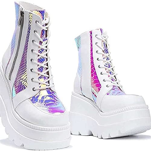 Gothniero Women's Black Holographic Combat Ankle Boots with Chunky Heel and Side Zip (US 5.5-11)