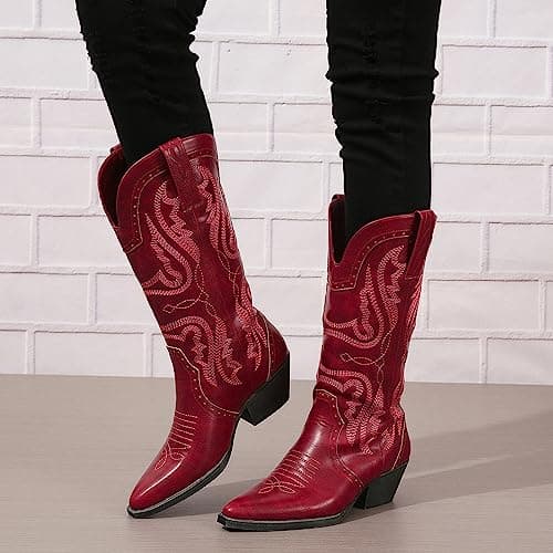 SelRoys Women's Cowboy Mid Calf Western Boots Brown Red Black