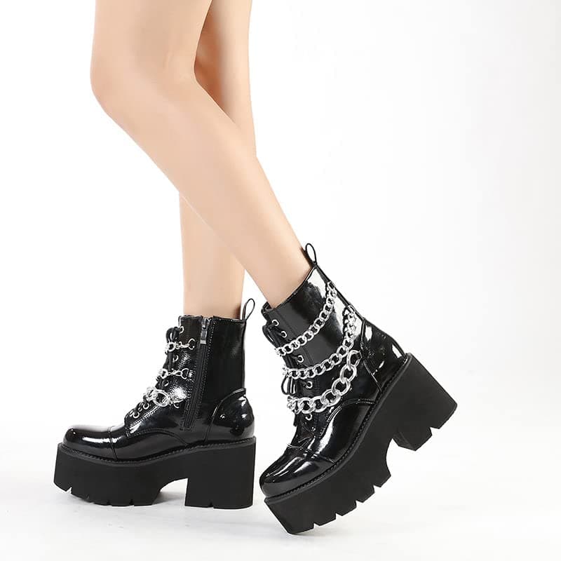Women's Black Lace up Goth Platform Boots for Cosplay Fashion Punk Style.