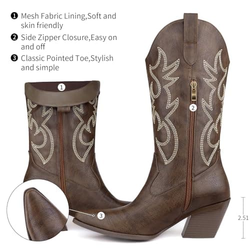 MISSMILLER Women's Cowboy Boots Mid Calf Embroidered Pointed Toe Heel