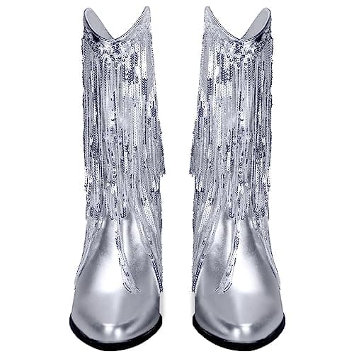 BIUBAKUA Women's Metallic Cowboy Boots with Tassels