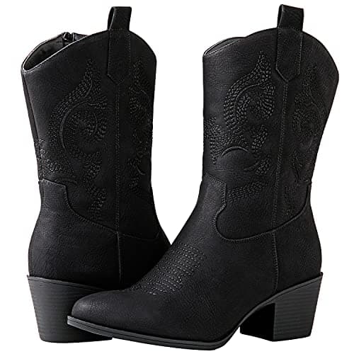 GLOBALWIN Women's Mid Calf Western Cowgirl Bootschunky Low Heel