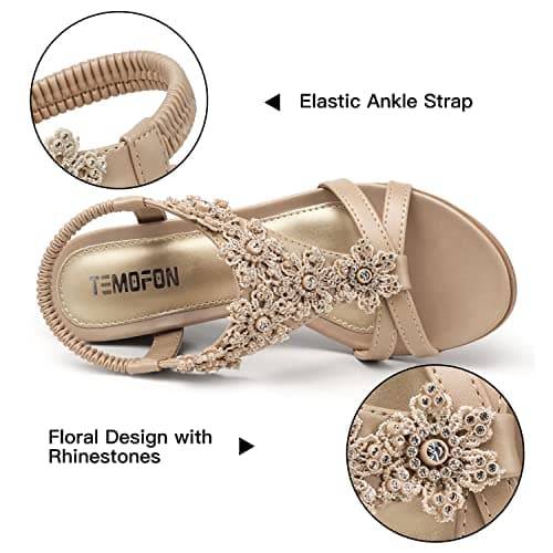 Temofon Women's Low Wedge Heel Summer Flower Sandals