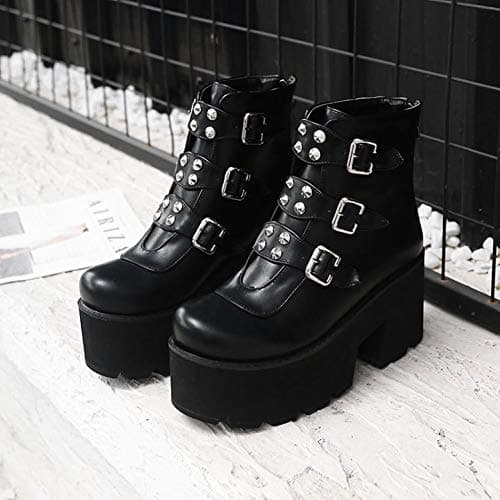 YIYA Women's Black Gothic Platform Ankle Boots with Bat Wing Buckles