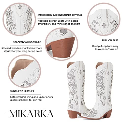 Glitter Cowboy Boots for Women: Mid-Heel Rhinestone Embroidered Mid-Calf Bridal Boots