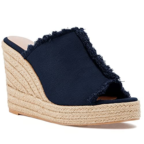 Juliet Holy Women's Denim Peep Toe Wedge Espadrille Sandals