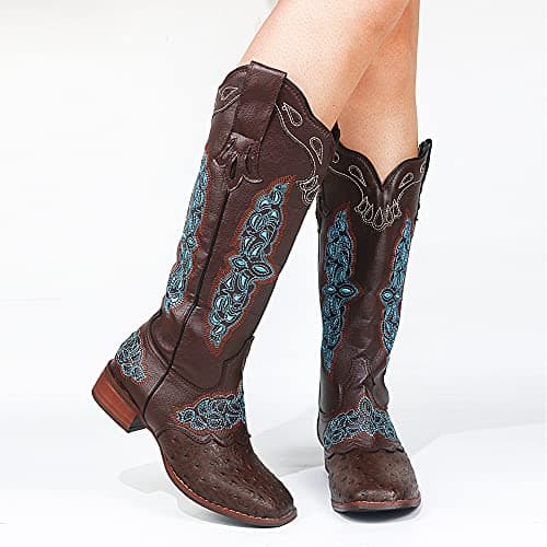 Cowboy Boots for Women: Low Chunky Heel Embroidered Mid Calf Boots