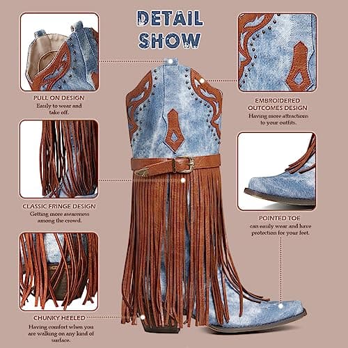 SaraIris Women's Fashion Pointed Toechunky Heel Embroidered Fringe Mid Calf Booties