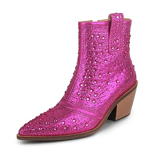 Sparkly Rhinestone Cowboy Ankle Boots with Pointed Toe and Chunky Heel by ISNOM