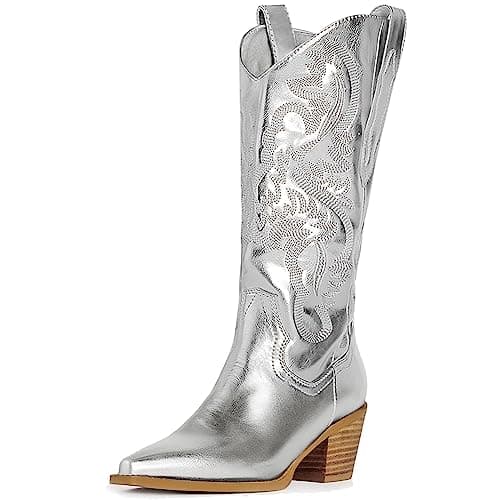MUCCI Women's Embroidered Cowgirl Boots with Chunky Heel